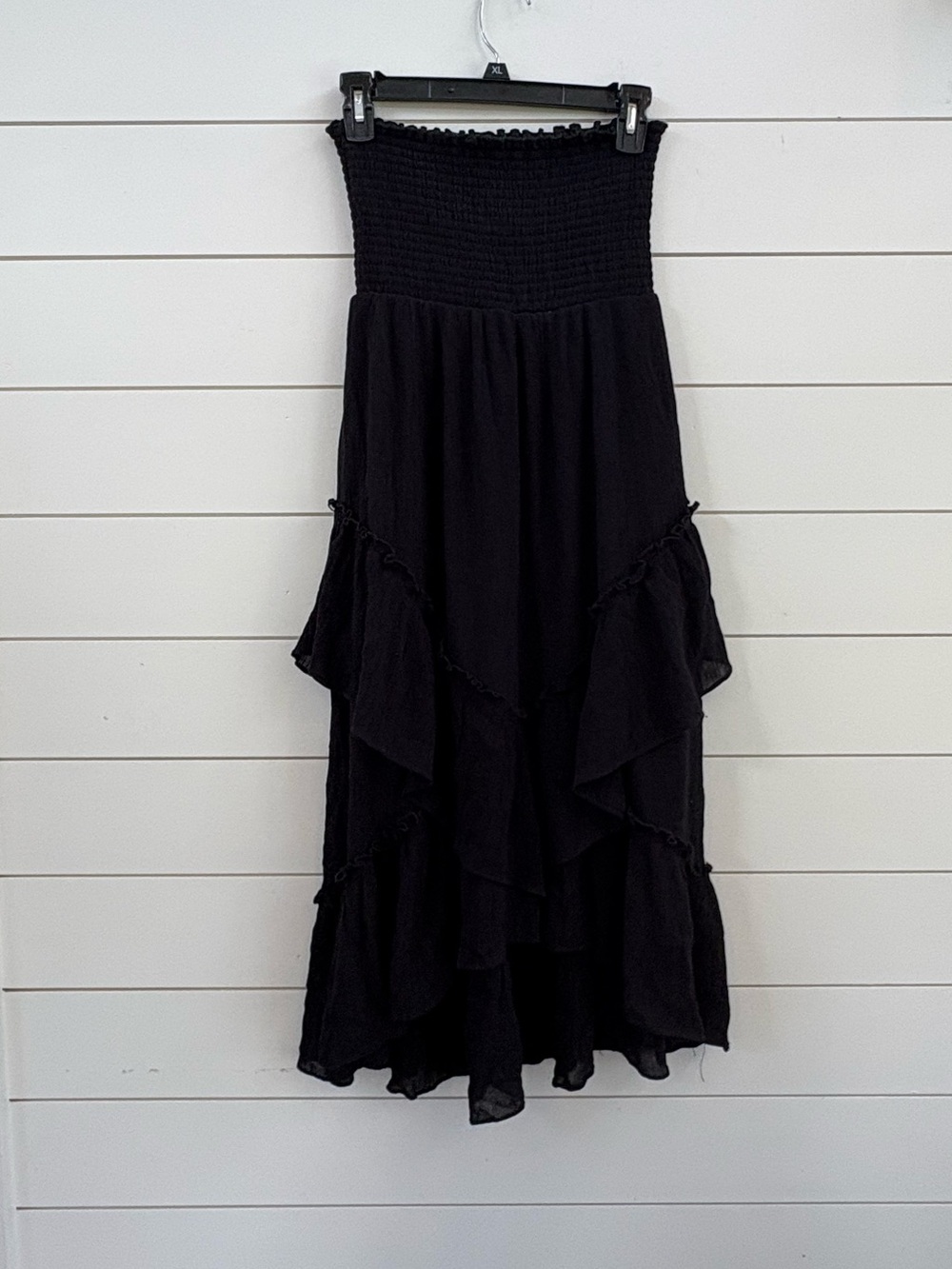 Smocked Strapless Black Tiered Maxi Dress